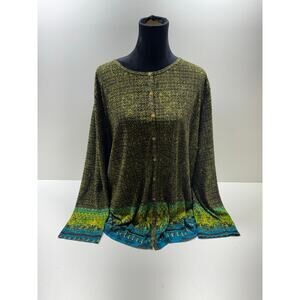 Women’s Button Front Long Sleeve Boho Shirt Sz 3X Artsy Festival Retro Green